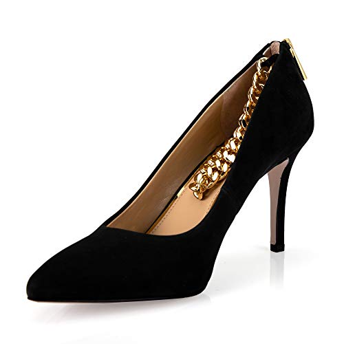 Sandinrayli Marco SHOSHO Women's Black Stiletto High Heels Sexy Pointed Toe Metalic Chains Zip Wedding Dress Pumps Shoes