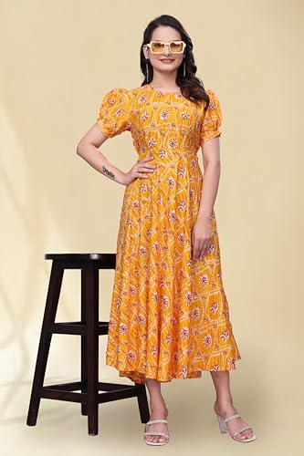 Image of Women's A-Line Crepe Maxi Dress | Stylish Fit and Flare Dress with Round Neck Short Puff Sleeves for Casual Wear