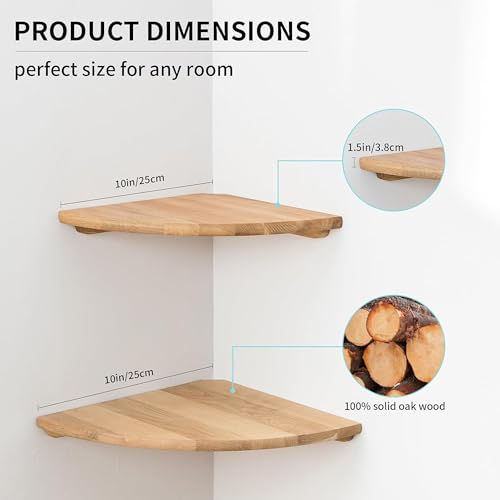 Corner Shelves Wall Mount, 10inch Oak Wood Floating Corner Shelves Set of 2 Round End Small Plant Shelf Wall Mount for Kitchen, Living Room, Bedroom…