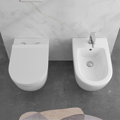 Wc E Bidet Rialzati Filomuro Per Anziani E Disabili, In Ceramica Scarico Traslato 6-23 Cm E Sedile Soft-Close, Serie Comoda - 3