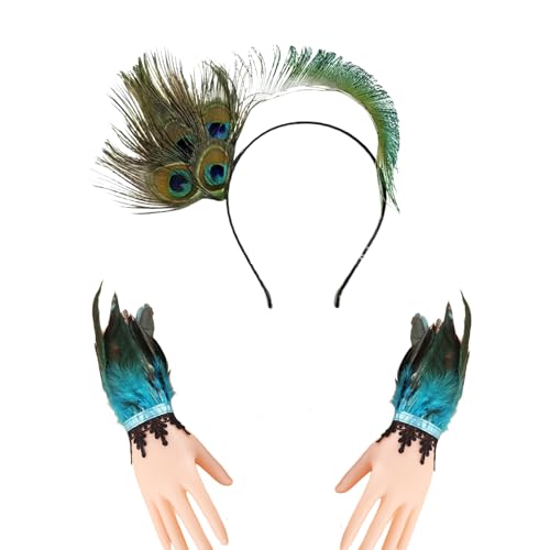 Deauparkoty Haarreif Pfau Kostüm Damen mit Federarmbänder Pfauenfedern Haarschmuck Kopfschmuck Pfau Federn Manschetten Faschingskostüme Accessoires für Karneval Fasching Vogel Mottoparty Halloween