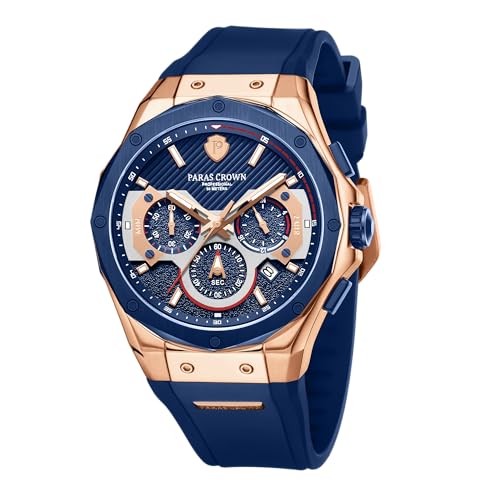 PC PARAS CROWN Montre Homme à Mouvement Quartz Japonais Chronographe Étanche 5 ATM Boîtier en Acier Bracelet en Silicone Cadeau élégant pour Hommes