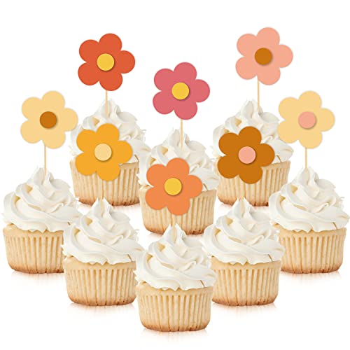 Whaline 32Pcs Groovy Retro Hipple Flower Cupcake Toppers 3D Colorful Pink Boho Cupcake Picks With Sticks Glue Point For Boho Party Supplies Cake Decorations #TOP8
