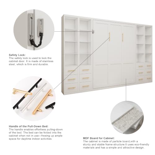 Image of KEIKI Queen Size Vertical Cabinet Murphy Bed with 4 Side Cabinet, White | Multifunctional Foldable Hideaway Wall Metal Bed Frame, No Box Spring Needed, Easy Assembly, for Bedroom, Guest Room