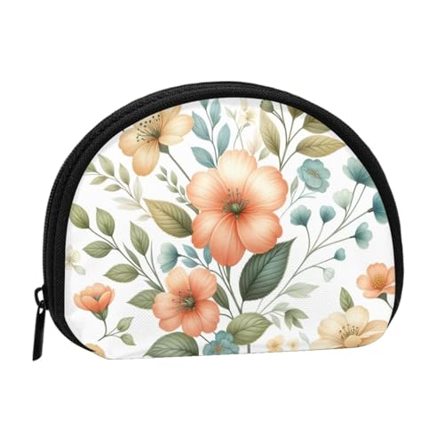 Portable Coin Purse Peach-Floral-Blossoms Mini Zippered Money Pouch Card Holder