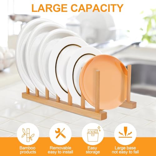 Image of CURATED CART Wooden Plate Organiser for Kitchen | Plate Stand Rack for Decor | Cabinet Plate Holder | 8 Adjustable Slots for Plates, Cup, Bowl & Dish Storage | Bamboo Wood (13x40m)