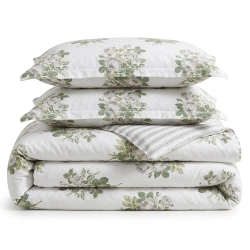 Image of Martha Stewart - Twin Comforter Set, Smooth Sateen Front with Subtle Sheen & Lightweight Cotton Percale Reverse, 2 Piece Bed Set with Matching Pillowcase (Eloise Floral Grey)