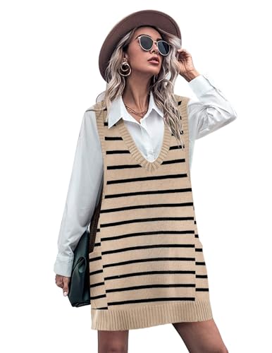 Image of HOTOUCH Women Sweater Vest Oversized V Neck Sleeveless Knit Pullover Ribbed Vest Dress with Pockets