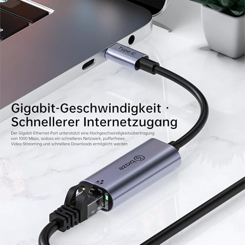 Biase ZH141 1000 Mbit/s Typ-C auf Ethernet Adapter, USB C RJ45-Gigabit-Ethernet-Adapter, RJ45-LAN Netzwerkkonverter für Windows/Switch/Laptop/MacBook/Steam Deck/Tablet/Mobilgerät, Plug-and-Play