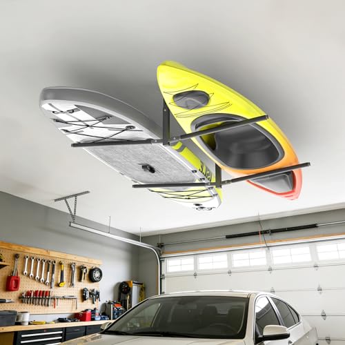 WALMANN Ceiling Kayak Storage Rack for Garage, Heavy-Duty Overhead Kayak Hanger Holds 4 Kayaks, Snowboards, Surfboards, Paddleboards & SUPs, Space-Saving Ceiling-Mount Storage Rack(for 4 Kayaks) by WALMANN - Image 2