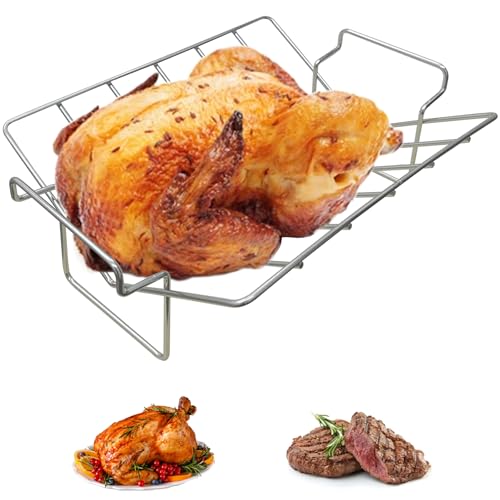 Mikim Stainless Steel Roast Rack for Grilling and Smoking, BBQ Rib Chicken Turkey Roasting Rack, Dual Purpose Extra Large Fit for Big Green Egg and Kamado Joe Etc