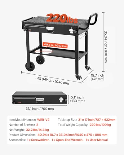 VEVOR Grillwagen Outdoor 787x432 mm (Tischplattengröße), Klappbarer Grilltisch mit Taschentuchhalter & Rädern & magnetischer Werkzeugablage, Grillvorbereitungstisch Servierwagen für Picknick Küche