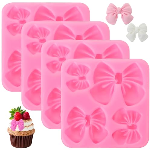 2 PCS Bow Silicone Mold, 2.67" 4 Hole Bow Chocolate Mold Silicone Molds for Crafts, Pink Cake Pop Bows Fondant Molds for Wedding Birthday Party Dessert Tie Cake Decorating Supplies Baking DIY