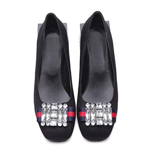 MIOKE Women's Retro Square Toe Rhinestone Dress Pumps Suede Mid Heel Slip-On Party Evening Wedding Shoes3