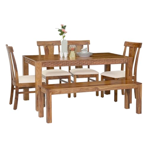 Image of Royaloak Terence Wooden 6 Seater Dining Table Set with Bench and Chairs| Sheesham Wood | CNC Design Elements | Solid Wooden Legs | Modern Design |Spacious Seating for Six | Durable and Sturdy Build