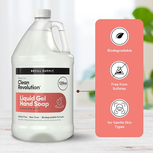 Image of Clean Revolution Liquid Gel Hand Soap Refill with Real Essential Oils - Sulfate-Free Gel Hand Wash, Moisturizing Bulk Refill, Non-Toxic Formula, Made in the USA (Geranium Mint) 128 Fl Oz