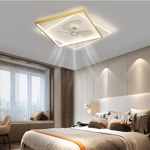 Ventilador de Techo LED Cuadrado, silencioso, Regulable con Control Remoto, para Dormitorio, Comedor, Sala de Estar, 55 cm, Negro y Dorado (Color: Negro)
