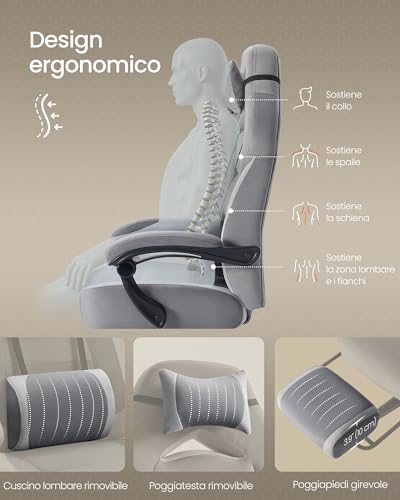 Sedia Gaming, Sedia Ufficio Scrivania, Ergonomico, con Poggiapiedi, Poggiatesta Regolabile, Cuscino Lombare, Portata 150 kg, Grigio Ardesia e Grigio Tortora OBG077G02 - Sedia gaming - Immagine 5