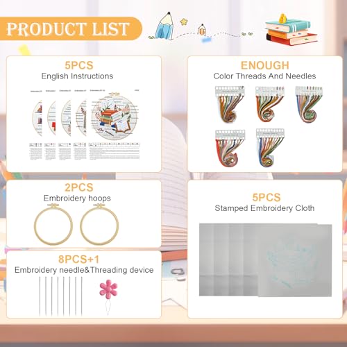 Image of CMINAUS 5 Sets Embroidery Kit for Beginners Adults Book Lover, Embroidery Starter Kit Book Pattern Hand Crewel Needlepoint Cross Stitch Kits Includes 2 Hoops Colored Threads Needles