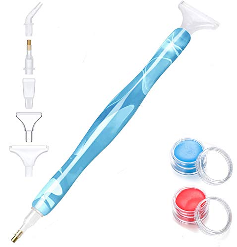 Resin Diamond Painting Pen Kits, Diamond Tool for 5D DIY Diamond Embroidery, Manual Diamond Painting Accessories with 5 Replacement Pen Heads and 2 Pieces Diamond Painting Wax Storage Case (Blue)
