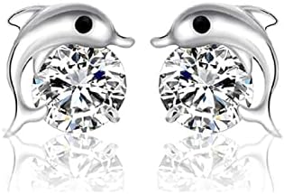 Sttiafay Silver Dolphin CZ Earrings Cute Animal Stud Earrings Tiny Earring Jackets Gifts for Women and Girls