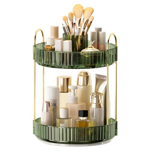 Image of 360 Rotating Makeup Organizer, Upgraded 2 Tier Skincare Perfume Organizers for Women, Bathroom Organizer Countertop, Clear Cosmetic Dresser Organizer with Makeup Brush Holder, Sink&Counter (Green)