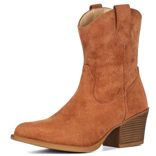 Image of IXU Cowboy Boots for Women Ankle Cowgirl Booties Wide Mid Calf Pointed Toe Western Boots Short Chunky Classic Booties