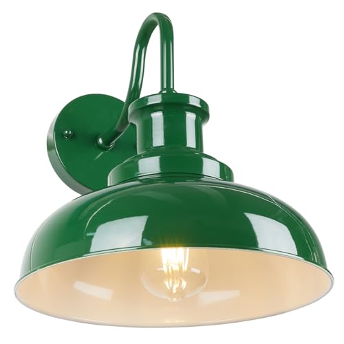 Image of Outdoor Barn Light, Rustic Outdoor Wall Sconce, Farmhouse Exterior Wall Mount Light, Vintage Indoor Wall Lighting Fixture, Industrial Green Lantern Lamp for Porch, Garage, Patio, RZ007 GR+WH