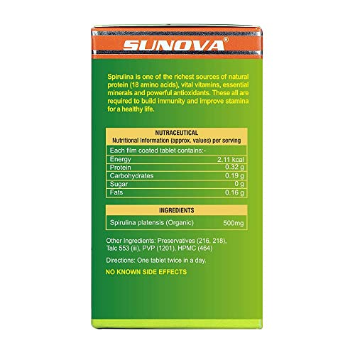 SUNOVA Organic Spirulina Tablets – Nature’s Own Superfood and Nutritional Supplement ,Spirulina and Blue-Green Algae for Full Body Support – 60 Tablets