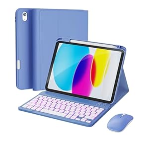 Funda para iPad de 11ª (A16, 2025) / 10ª generación con teclado, mouse y teclado inalámbrico desmontable, retroiluminación de 7 colores, funda delgada con soporte para lápices, lavanda