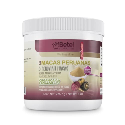 Betel Natural Organic 3 Peruvian Macas Powder Black, Yellow, and Red Maca from Peru - 8 Oz