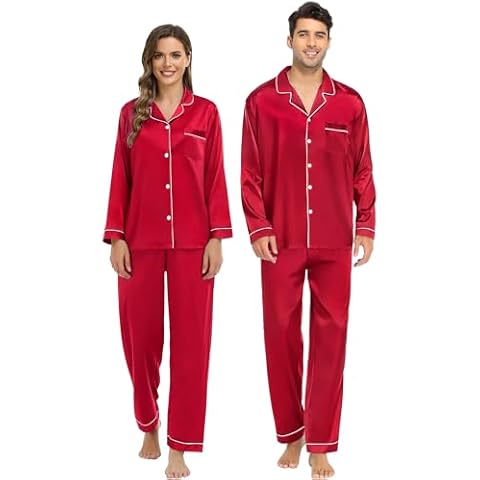SWOMOG Couple Matching Pajamas Set Silk Satin Button Down Sleepwear Long Sleeve Nightwear 2 Pcs Pj Set Women Red Medium Cover