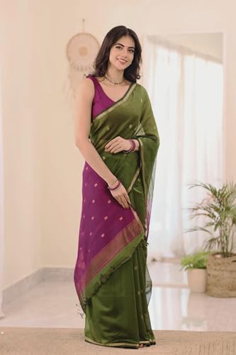 Image of Women's Cotton Woven Soft Sarees With Attach Blouse Piece.