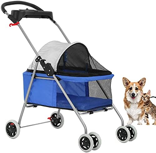 Pet Stroller 4 Wheels Posh Folding Waterproof Portable Travel Cat Dog Stroller with Cup Holder,Blue