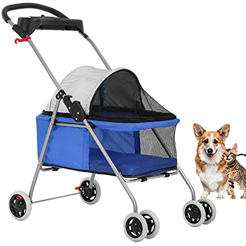 Pet Stroller 4 Wheels Posh Folding Waterproof Portable Travel Cat Dog Stroller With Cup Holder,Blue #TOP21