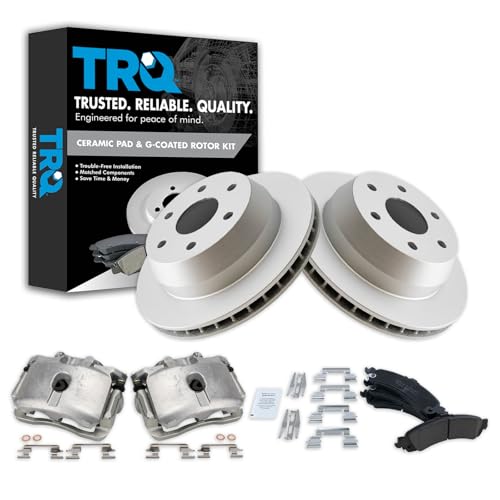 TRQ Rear Brake Pad & Rotor Kit Brake Caliper Brake Pads Brake Rotor Ceramic Vented Premium G-Coated Compatible with 2005-2006 Cadillac Escalade 2005 Chevrolet Silverado 1500 2002 GMC Yukon
