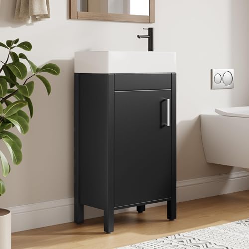 16" Bathroom Vanity with Sink, Freestanding Wooden Single Sink Cabinet, with Soft-Closing Doors & Metal Handle, Modern Vanity Standing Storage for Small Spaces, Black