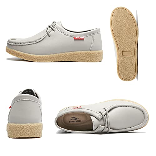 Image of TRULAND Women's Casual Moccasin Shoes - Suede Leather Lace Up Flat Wallabees Oxford Shoes, Light Grey Leather, 5.5 UK