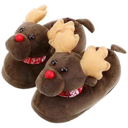 VALICLUD Christmas Fuzzy Slippers Reindeer House Shoes Memory Foam Animal Floor Slipper Boots Cozy Warm Fur Lining House Boots for Women Men Size 35-39 Light Brown