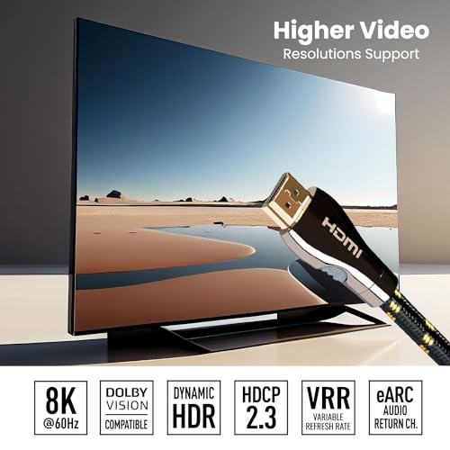 Certified HDMI Cable 6FT (HDMI 2.1 10K 8K) Ultra High Speed HDMI HDR 48Gbps eARC VRR Dolby Atmos Vision for PS5 Xbox Series X RTX 4090 Apple TV 4K Roku Fire Sony LG (6.5FT/2M)