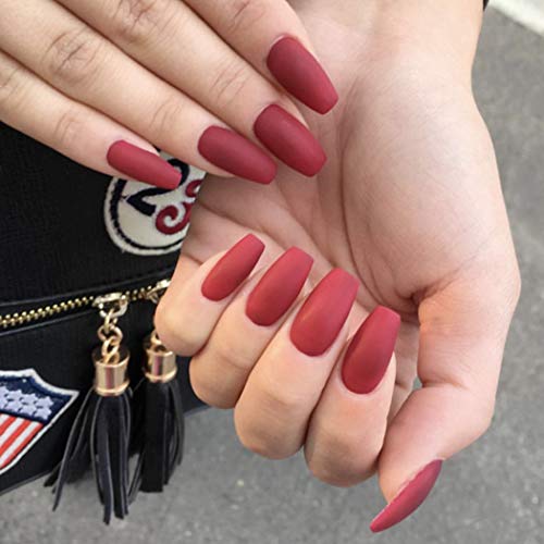 Bodiy Ballerina Coffin Press on Nails Red Matte Long Fake Nails 24pcs Full cover False Nails for Women and Girls