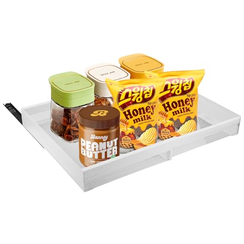 Telescopische lade, uitschuifbare lade, keukenopbergrekken voor keukenkasten, met stille glijraillijst, zwart en wit (32 - 55 cm b x 42 cm d x 8 cm h), geen boren (wit)