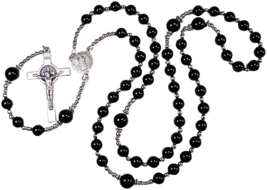 Mens Black Onyx Rosary 23 1/4in Catholic Necklace Genuine Black Onyx Masculino Rosario