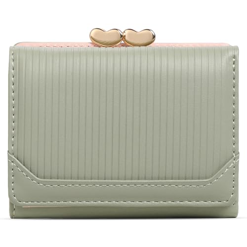 Small Genuine Leather Wallet for Women Bifold RFID Blocking Cute Compact with Coin Pocket (Green)
