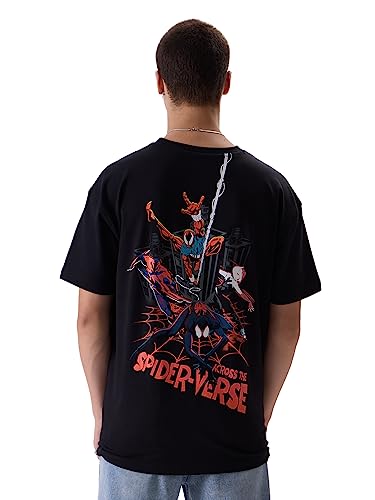 Image of The Souled Store Official Marvel: Spider x Venom Oversized T-Shirt for Men Boys Cotton Casual Half Sleeves Baggy Loose Fit Drop Shoulder Round Neck Black