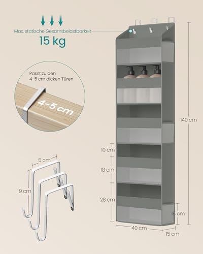 SONGMICS Tür-Organizer, 5 Fächer, Hängeregal faltbar, Hängeorganizer, Metallhaken, Hängeaufbewahrung, durchsichtig, Türregal, Seitentaschen, Taubengrau RDH010GD01