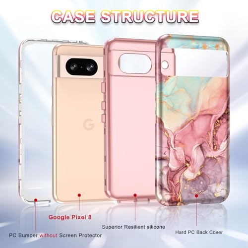 Btscase for Google Pixel 8 Case (2023), Stylish Pattern 3 in 1 Heavy Duty Shockproof Full Body Rugged Hard PC+TPU Bumper Drop Protective Women Girl Glossy Cover, Rose Gold by Btscase - Used condition - US$7.48