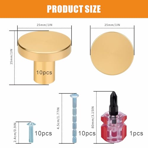 Image of Gold Cabinet Knobs 10Pcs Hardware Pulls Knobs Gold Round Kitchen Pulls Handles for Dresser, Cupboard, Wardrobe, Furniture, with Screwdriver, 20x25mm