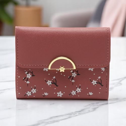 1Pcs Pouch for Money 3-Fold Floral Card Holder PU Leather Deep Pink 11.5x9cm