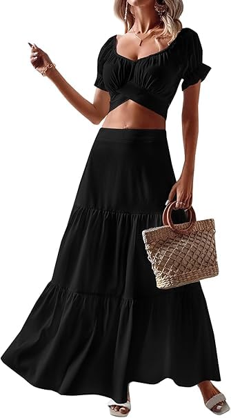 Image of Women's Summer Ruffle Hem Maxi Skirt | High Waist Long Pleated Skirt | Plain A-Line Flowy Skirt for All Occasions | Soft Cotton Blend Fabric | Elegant Boho Style